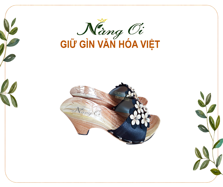 guốc mộc cho nữ cao 7cm quai đen đính hoa lấp lánh